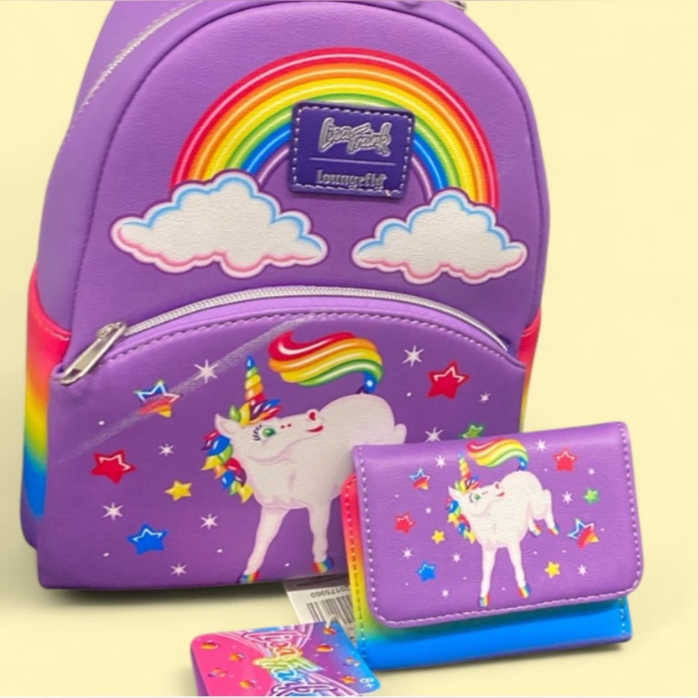 Loungefly Lisa Frank Rainbow Unicorn Mini Backpack & Wallet Set. Purple W/clouds